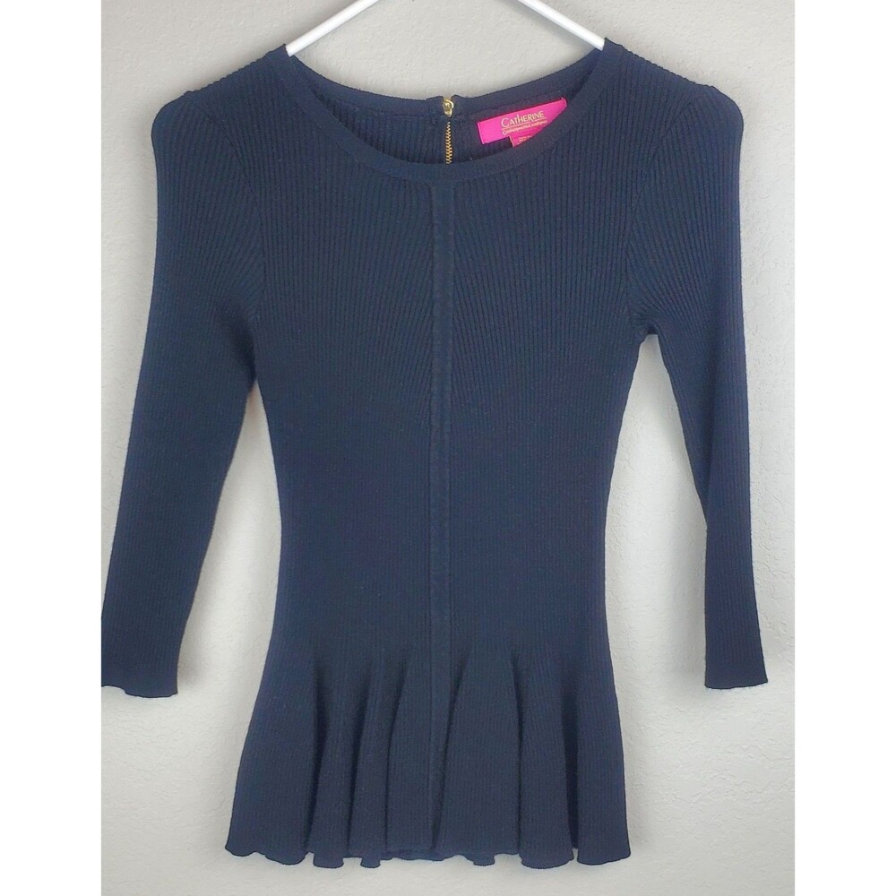Catherine Malandrino Women's Small 3/4 Sleeve Peplum Black Sweater Gold Zip